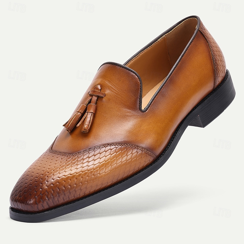 solbrända läderloafers för män med ormtrycksdetaljer och tofsaccent – förstklassiga slip-on klänningskor av kohud för affärer, högtidliga tillfällen och vardagsbruk 2025 - $94.99 –P3