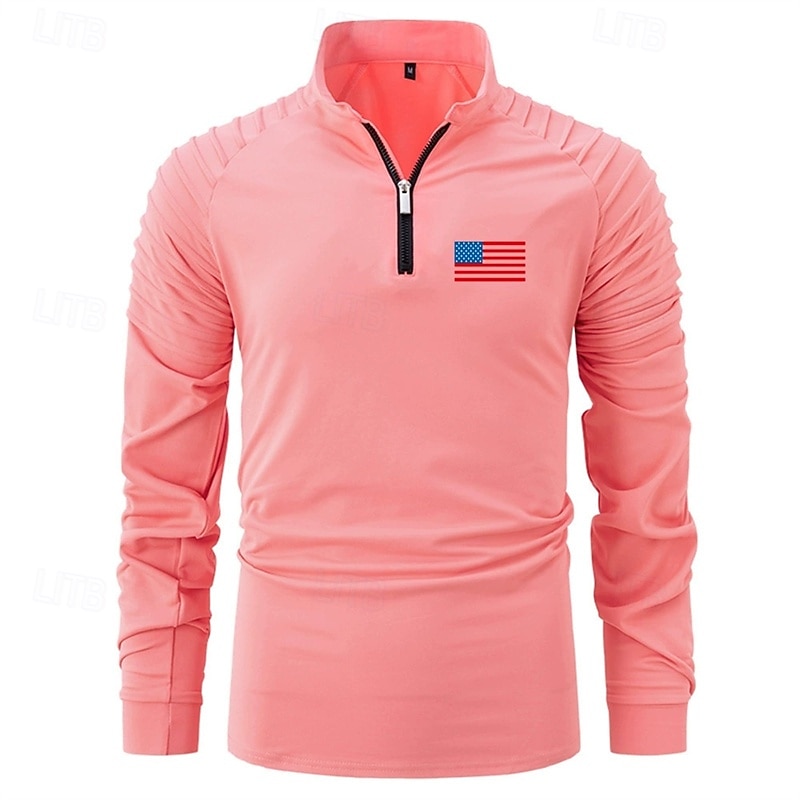 Herren T Shirt Henley Hemd T-Shirt Langarmshirt Langarm Viertelreißverschluss Frühling Herbst Amerikanische US-Flagge Mode Designer Basic Gerafft Urlaub Straße Ausgehen Schwarz Weiß Rosa Top T-Shirt 2025 - $28.99 –P7