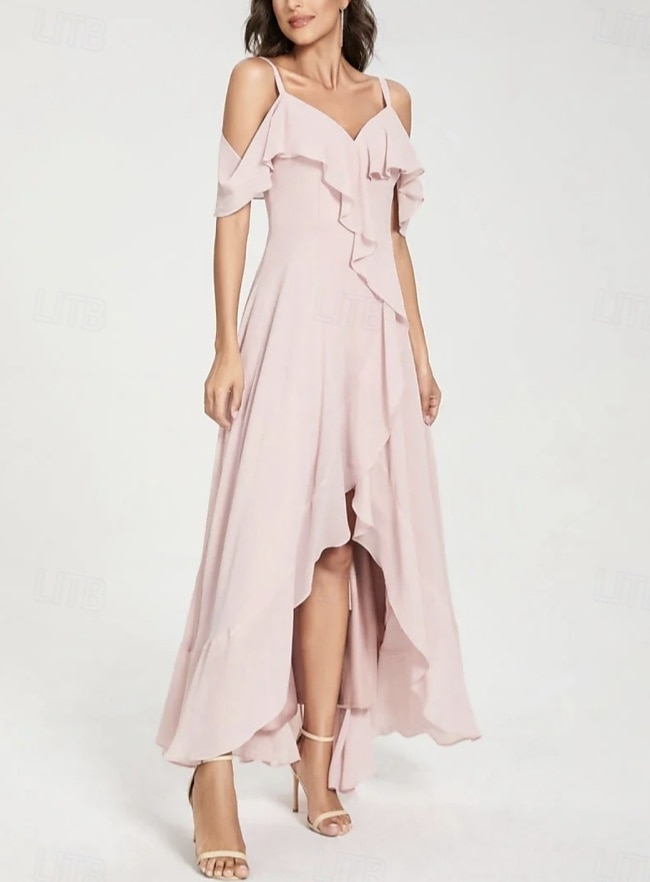 A-Line Bridesmaid Dress V Neck / Spaghetti Strap Short Sleeve Elegant Asymmetrical Chiffon with Split Front / Ruching 2025 - $155.99 –P4
