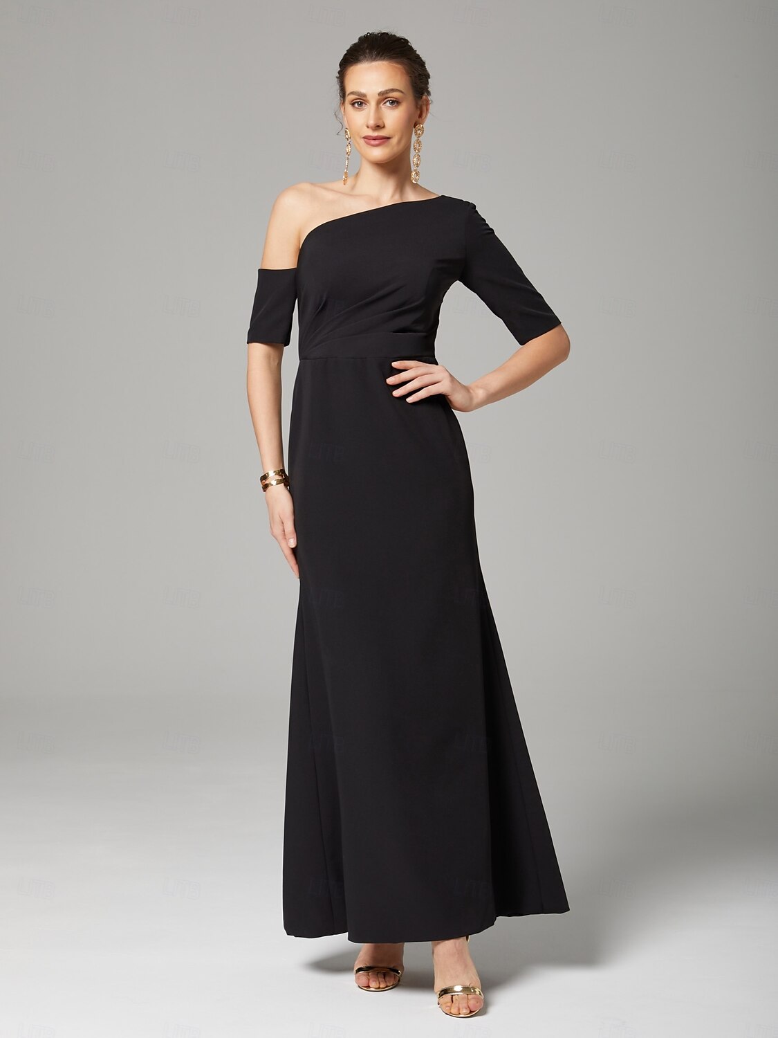 A-Linie Kleid der Brautmutter Elegantes Vintage Eine Schulter Bodenlanger Charmeuse 3/4 Länge Ärmel mit Rüschen Seitendrapierung 2025 - $159.99 –P1