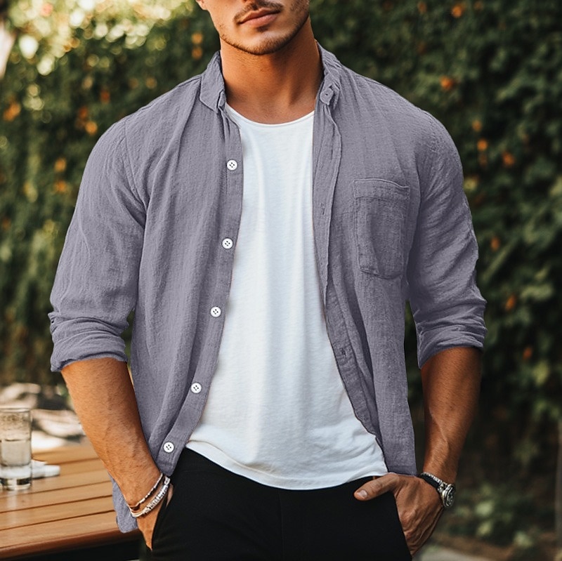 Per uomo Camicia camicia di lino Camicia estiva Camicia da spiaggia Tinta unica Esterno Da mare Nero Verde Cachi Grigio Manica lunga Collo ripiegabile Primavera & Autunno Abbigliamento Bottone giù del 2025 a $7.39 –P3