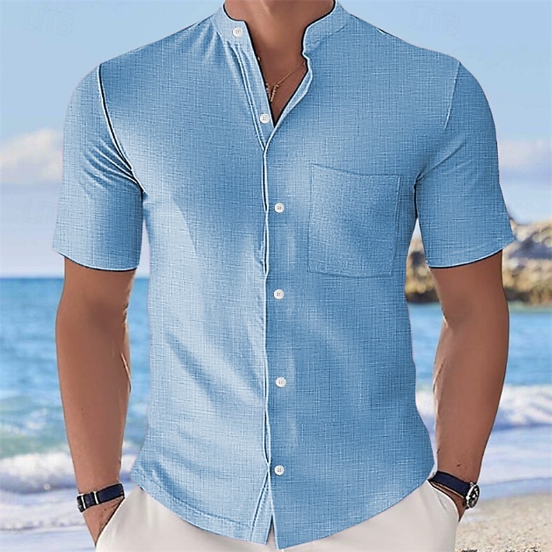 Men's Shirt Summer Shirt Casual Shirt Beach Shirt Button Up Shirt Black White Yellow Pink Sky Blue Short Sleeve Plain Grandad Collar Stand Collar Vacation Hawaiian Buttons Clothing Apparel Fashion 2025 - $21.99 –P6