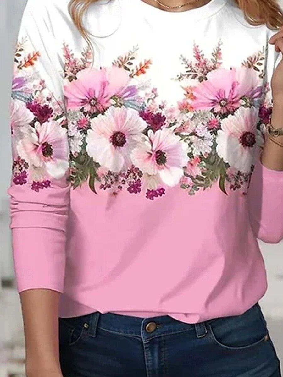 Dame T skjorte Blomstret Elegant Årgang Mote Langermet Crew-hals Vanlige topper Daglig Ut på byen Helg Trykt mønster Rosa Sommer Vår 2025 - $22.99 –P3