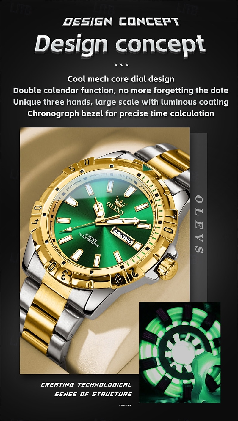 Il nuovo orologio da business da uomo del marchio Olevs orologio classico verde fantasma d'acqua visualizzazione del calendario settimana orologio al quarzo impermeabile moda sportiva del 2025 a $38.99 –P6