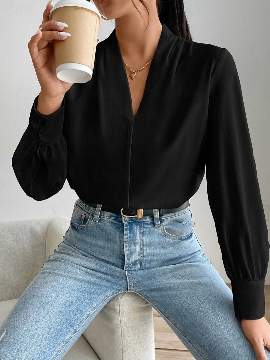 Dame Skjorte Bluse Helfarge Stilfull Fritid Langermet V-hals Vanlige topper Daglig Knapper Lomme Svart Hvit Gul Blå Grønn Sommer Vår 2025 - $31.99 –P19