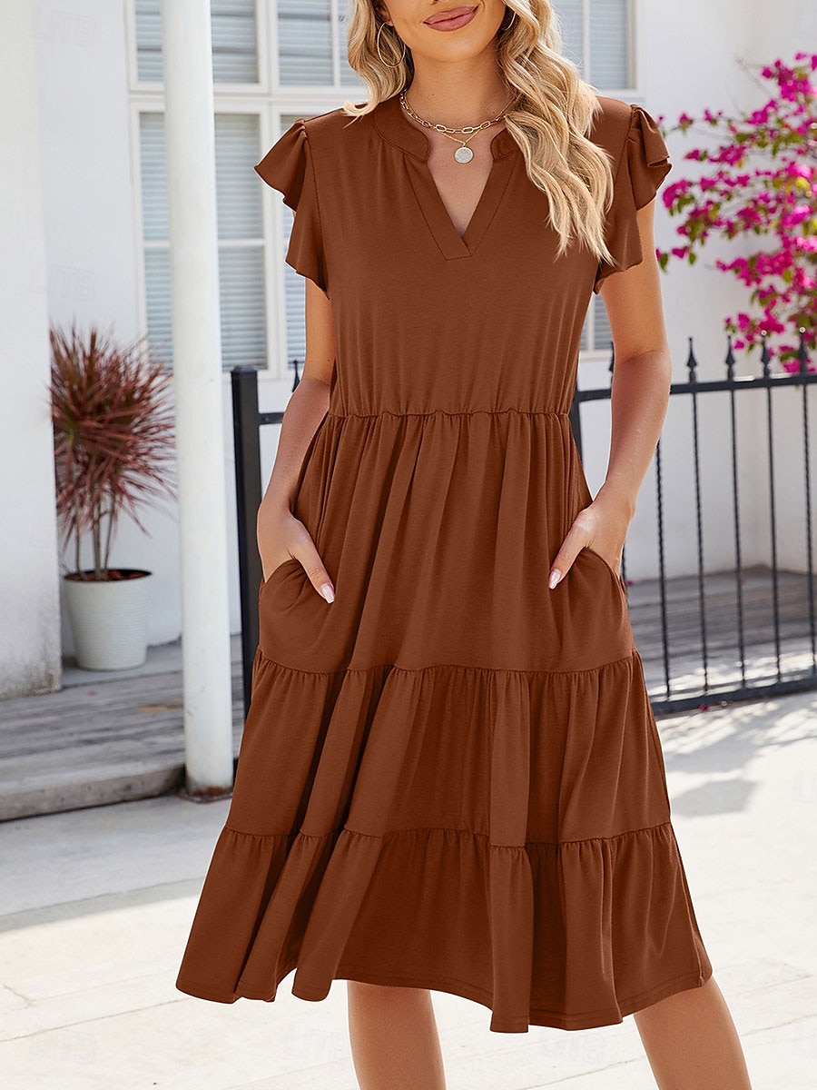 Damen kleid lang Casual kleid Elegant Stilvoll Basic Urlaub Arbeit Casual Regular Fit Glatt Kurzarm V Ausschnitt Dunkel Braun Rosa Dunkelgrün Aprikose Sommer Frühling 2025 - $36.99 –P10