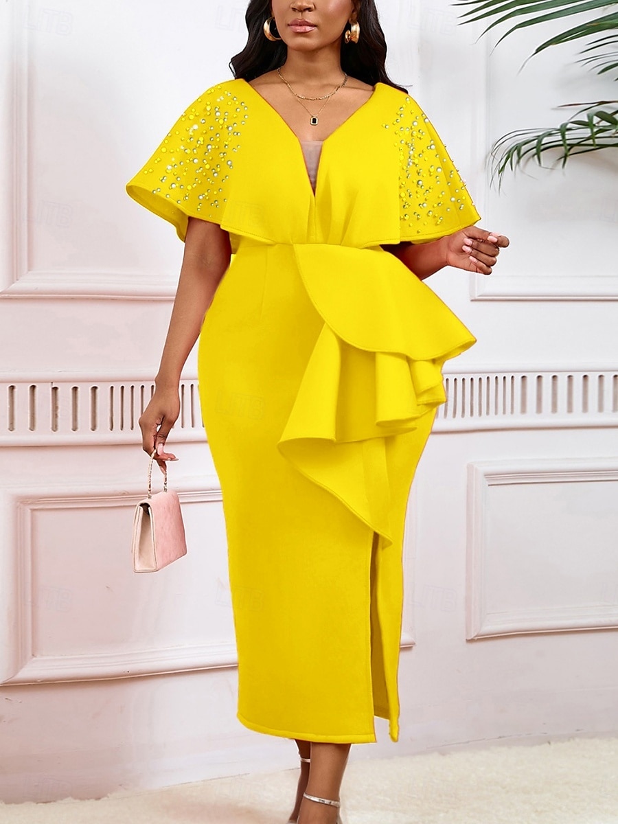 Kentucky Derby Damen Midi Kleid Bodycon Kleid Puffärmel Kleid Elegant Formal Cocktail Formal Party Hochzeitsgast Reguläre Passform Grafisch Kurzarm V-Ausschnitt Schwarz Weiß Gelb Rot Sommer 2025 - $49.99 –P15