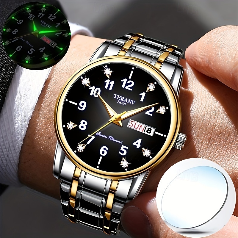 Relógio digital masculino de negócios, mostrador redondo com strass, à prova d'água, luminoso, com pulseira de liga, multifuncional, fashion, relógio de quartzo para homens, presentes de lazer e de 2025 por $23.99 –P10