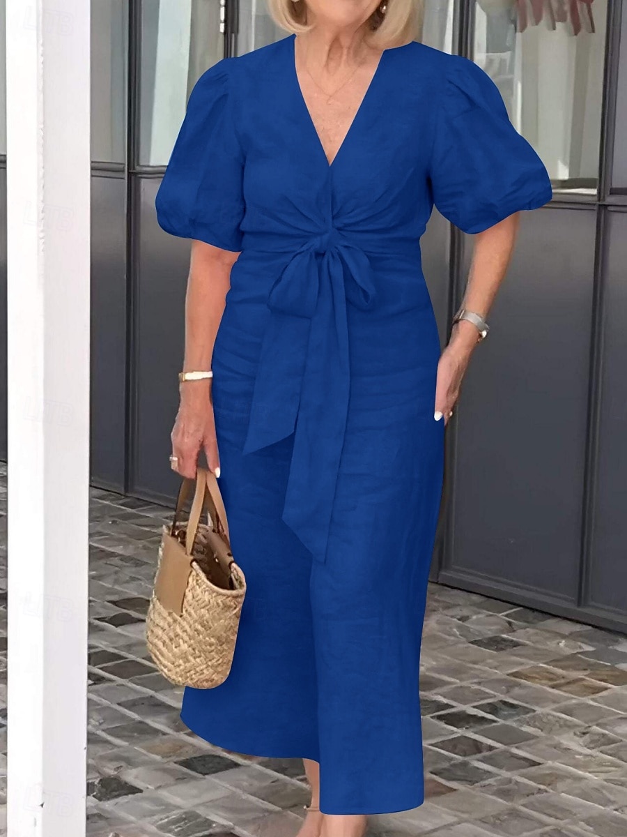 Women's Maxi Dress A Line Dress Solid Color Summer Dress Puff Sleeve Dress Basic Casual Puff Sleeve Vacation Daily Regular Fit Graphic Short Sleeve V Neck Black White Yellow Pink Summer 2025 - $26.99 –P4