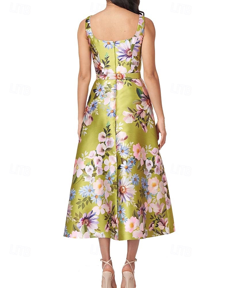 Vestidos de Coquetel em A Vestido Elegante Formal Festa de Noite Comprimento Chá Sem Mangas Decote Quadrado Bolso Cetim com Estampa Floral Vestido para Convidada de Casamento de 2025 por $167.99 –P3