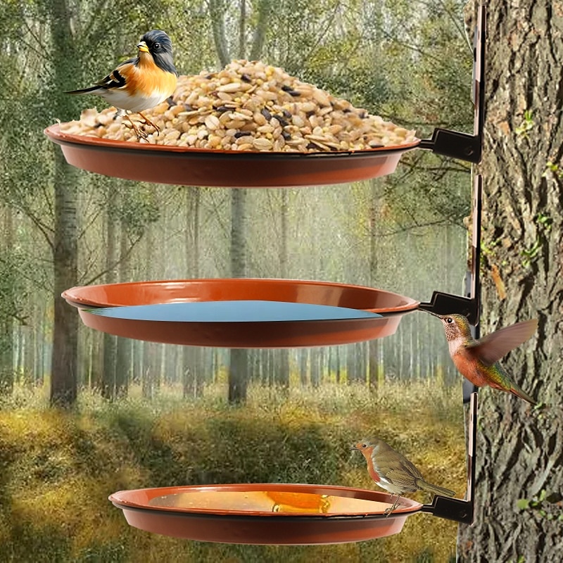 mangeoire à oiseaux montée sur un arbre, bain d'oiseaux installé sur un mur de clôture en bois, piquets de terrasse d'arbre avec anneau en fer robuste, arbres, terrasse, murs intérieurs et extérieurs de 2025 ? $13.49 –P4