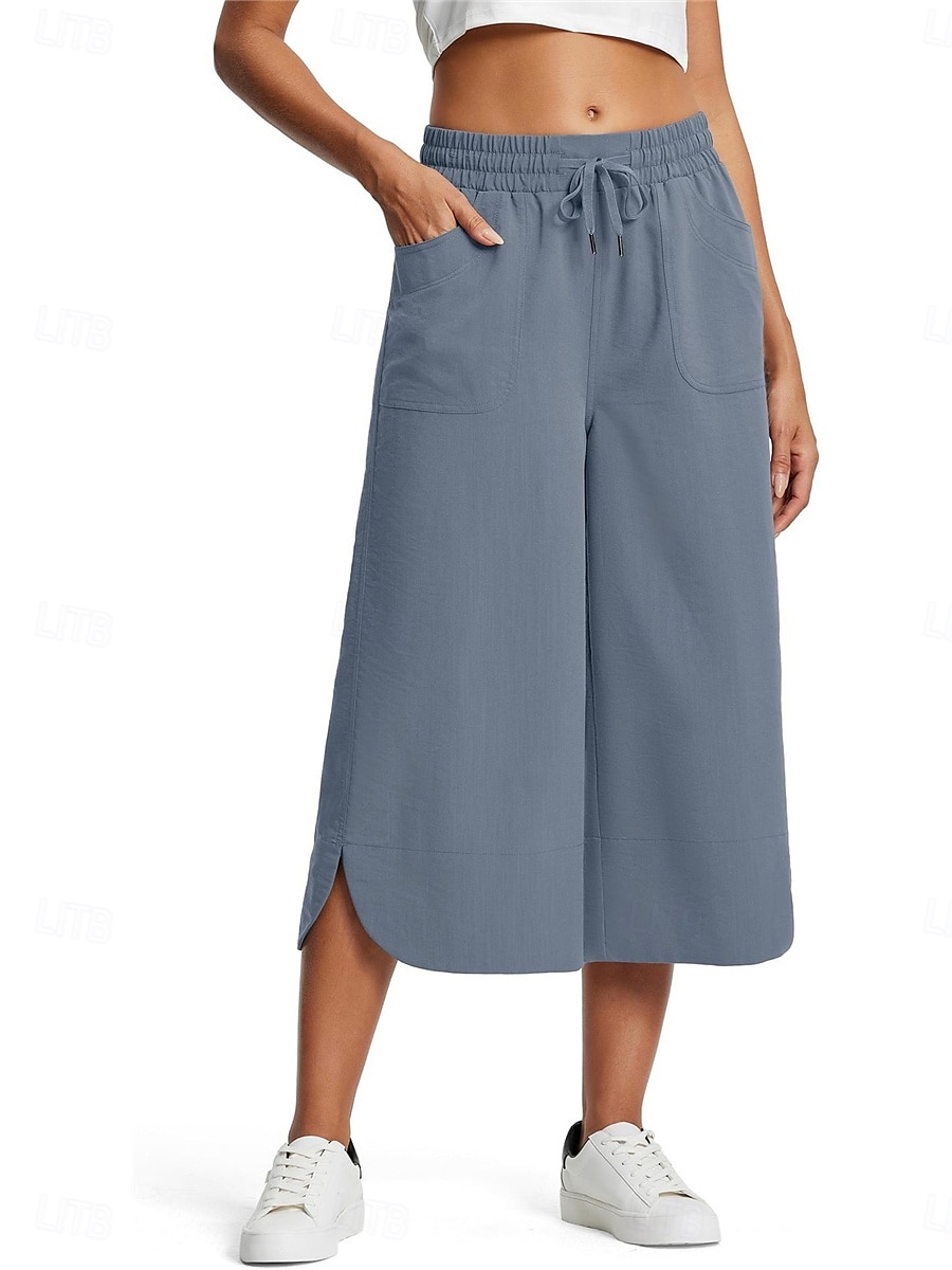Women's Wide Leg Chinos Fashion Streetwear Calf-Length High Waist Plain Pocket Elastic Waistband Comfy Soft Comfortable Micro-elastic Outdoor Street Navy-blue Army Green Black Blue Summer Spring 2025 - $24.99 –P15