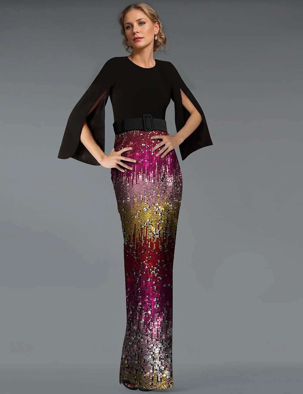 Meerjungfrau/Trompete Abendkleid elegantes Kleid Ombre formelle Partykleidung bodenlang Langarm V-Ausschnitt Gürtel/Schärpe mit Pailletten und Schlitz 2025 2025 - $205.99 –P7