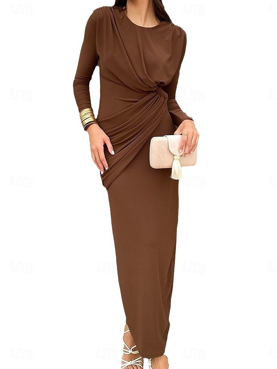 Jurken Moeder van de bruid jurk Elegant Casual Overhemdkraag Tot de grond Polyester Lange mouw met Zijgedrapeerd 2025 2025 - $79.99 –P5