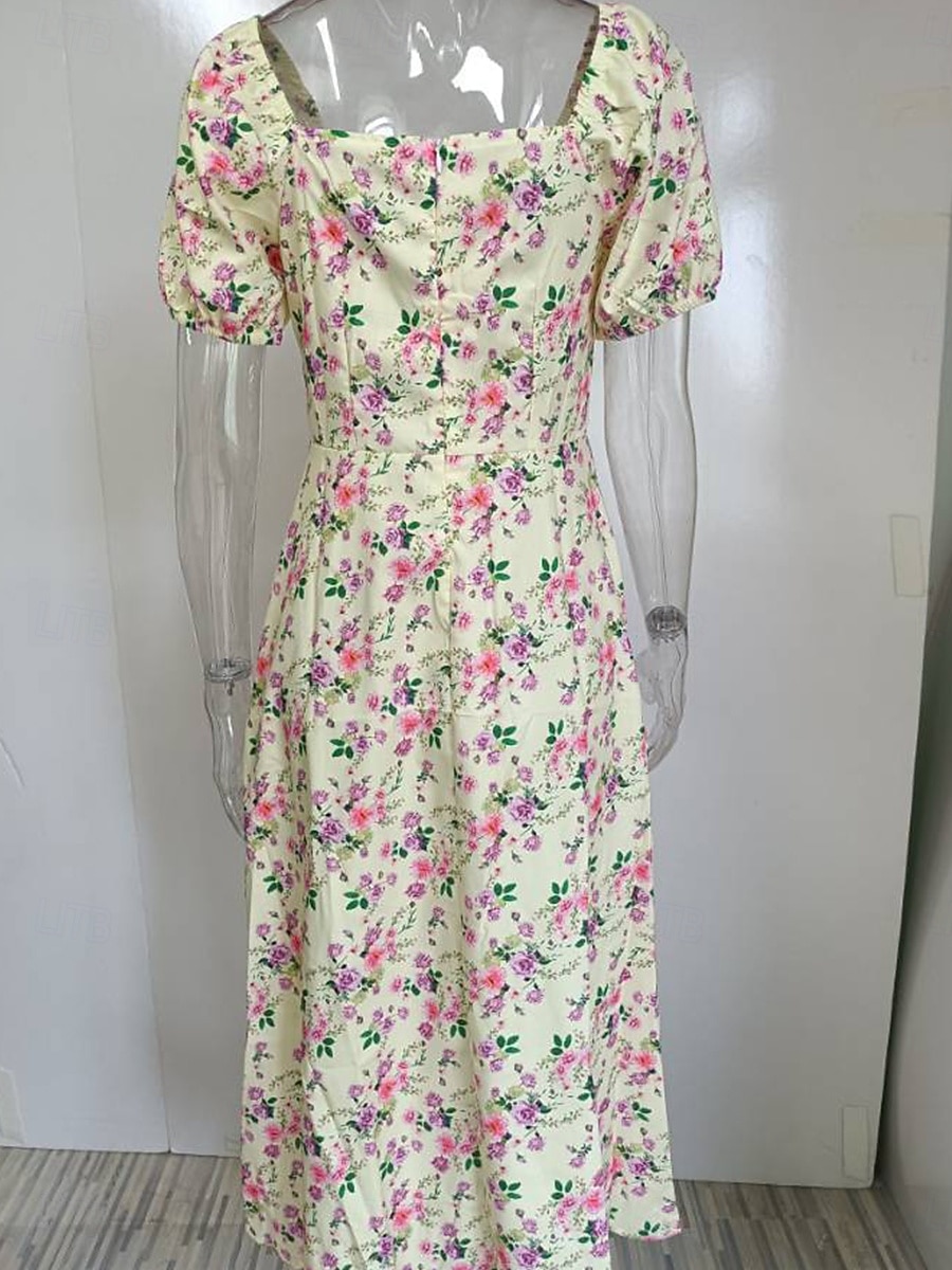 Per donna Vestito longuette Abito a corsetto Abito linea A Abito da lattaia Abito con maniche a sbuffo Festività Da mare Giornaliero Standard Floreale Manica corta Squadrata Bianco Giallo Rosa Blu del 2025 a $23.99 –P3