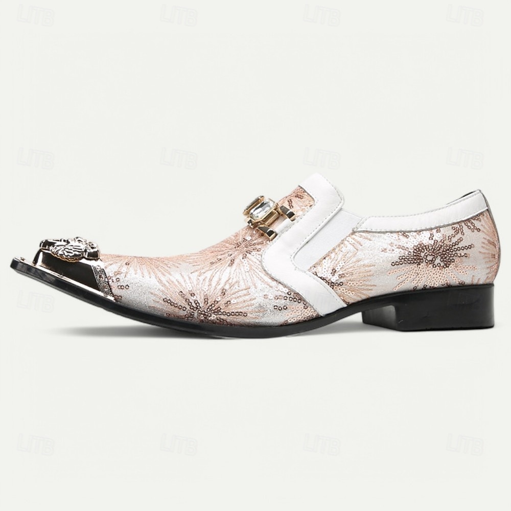 Mocassins em Couro de Vaca Premium Masculinos com Design Floral em Lantejoulas e Detalhe de Fivela de Cristal com Ponta Dourada–Sapatos Slip-On de Luxo para Ocasiões Especiais e Vestuário Noturno de 2025 por €104.02 –P5
