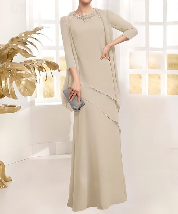 Zweiteiliges Kleid der Mutter der Braut Elegant Vintage Einfach Juwel-Ausschnitt Bodenlang Chiffon 3/4 Länge Ärmel Jackett Kleider mit Pailletten Beading Kaskadierende Rüschen 2025 - $203.99 –P8