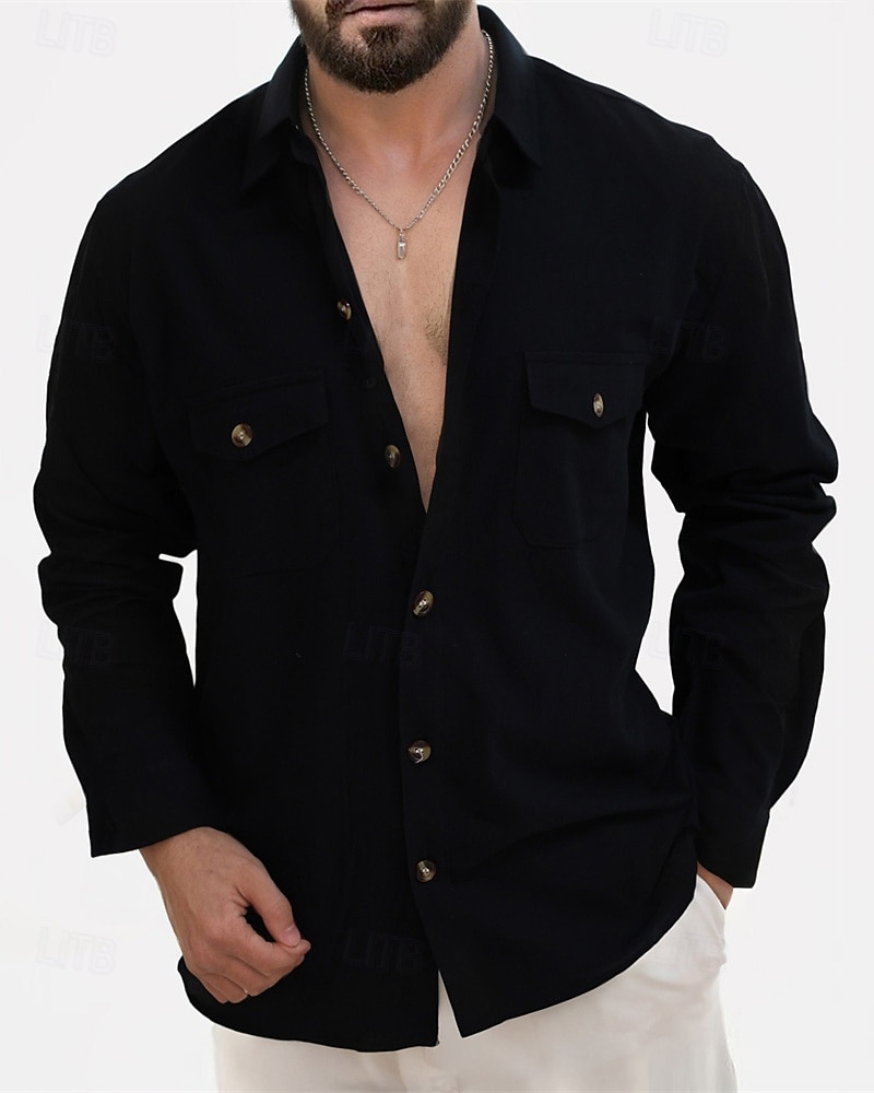 Men's Shirt Linen Shirt Casual Shirt Button Up Shirt Cotton Shirt Plain Vacation Hawaiian Black White Pink Beige Long Sleeve Lapel Summer Spring Clothing Apparel Front Pocket 2025 - $32.99 –P5