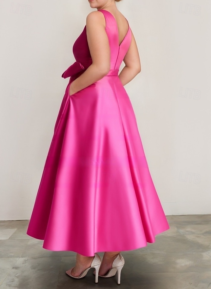 A-Linie Brautjungfernkleid V-Ausschnitt Ärmellos Elegant Knöchellänge Satin mit Schleife(n)  Falten 2025 - $162.99 –P4