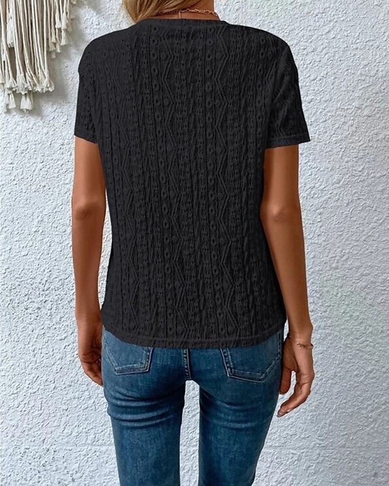 Жен. Блуза Ушко сверху Кружевные топы Полотняное плетение Повседневные Стиль Классический С короткими рукавами Вырез под горло Обычные топы Офис Повседневные Праздники С отверстиями 2025 - $21.99 –P6