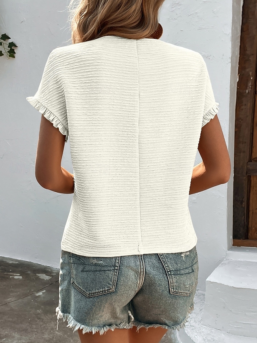 Dam T-shirt Slät Mode Modern Ledigt Kortärmad Rund hals Vanliga toppar Dagligen Helgen Volang Vit Rodnande Rosa Kaki Sommar 2025 - $18.99 -P6
