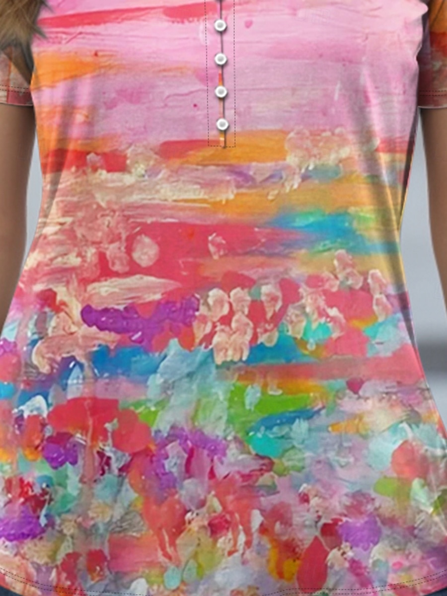 Women's T Shirt Ombre Floral Basic Short Sleeve Round Neck Regular Tops Daily Buttons Print Pink Summer Spring Fall 2025 - $27.99 –P3