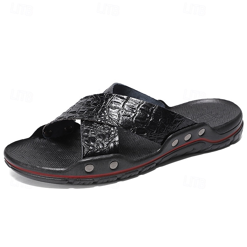 Men's Black Crosstrapped Sandals with Crocodile Pattern and Comfortable Rubber Sole – Casual Outdoor Footwear for Summer, Beach and Daily Wear 2025 - $24.99 –P3