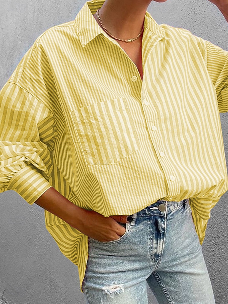 Women's Shirt Blouse Striped Elegant Daily Stylish Long Sleeve Shirt Collar Regular Tops Daily Holiday Going out Buttons Pocket Yellow Pink Green Spring Fall 2025 - $29.99 –P4