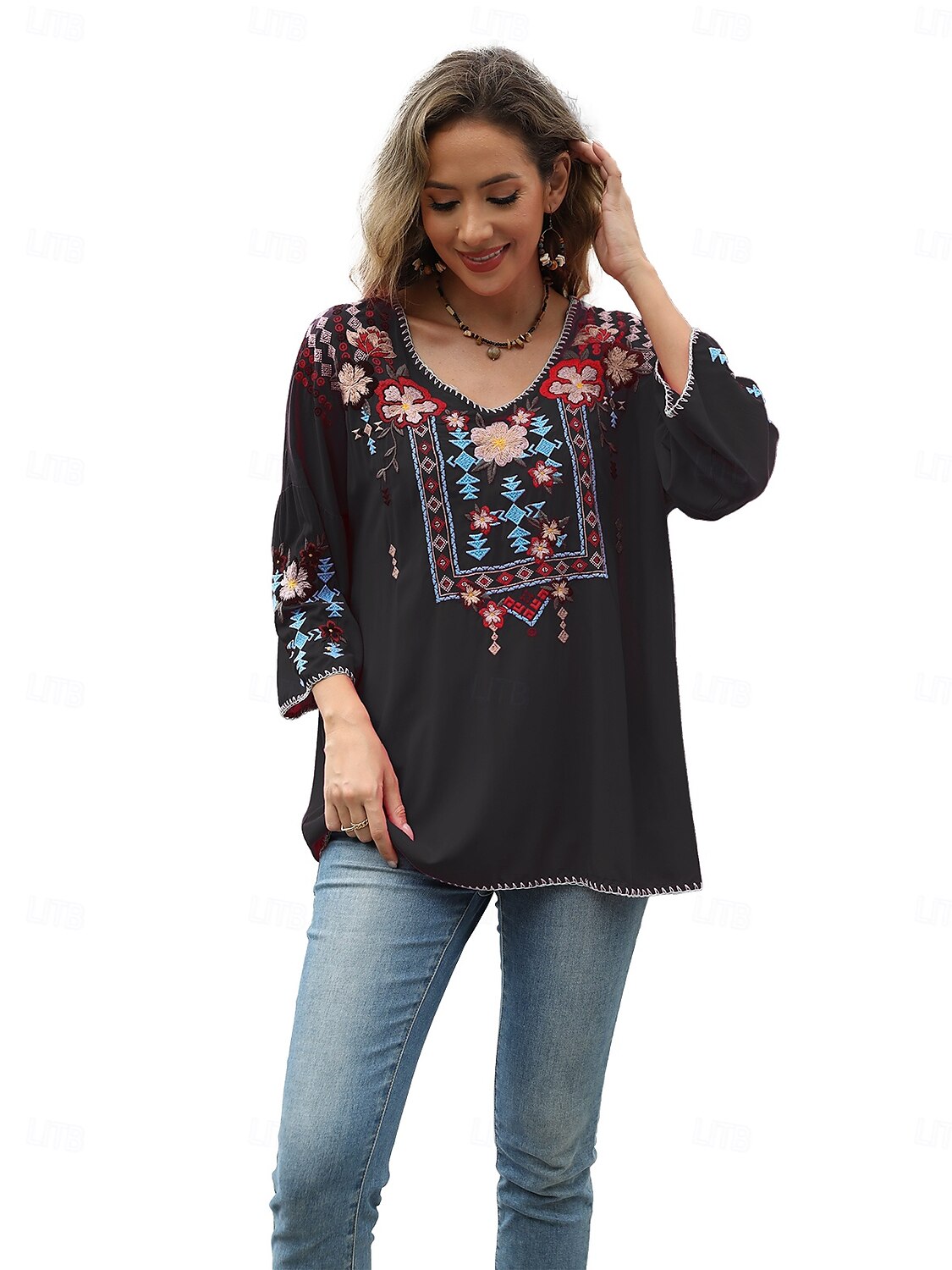 Dame Boho skjorte Helfarge Blomstret Bohem Daglig Luksuriøs 3/4 ermer 3/4-ermer Crew-hals Vanlige topper Arbeid Daglig Ut på byen Broderi Svart Gul Rose Rosa Sommer 2025 - $52.99 –P5