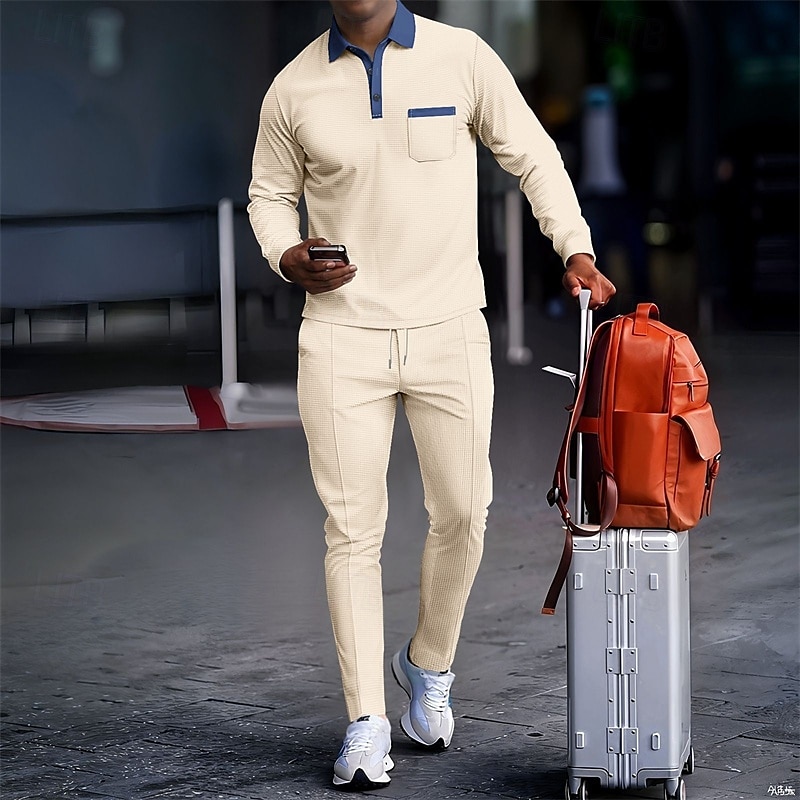 Per uomo Polo a nido d'ape Camicia da golf Golf Ufficio Informale Bavero Manica lunga Essenziale Moderno Color Block Collage Bottoni Primavera Autunno Standard Nero Blu reale Cachi Grigio Polo a nido del 2025 a $37.99 –P2