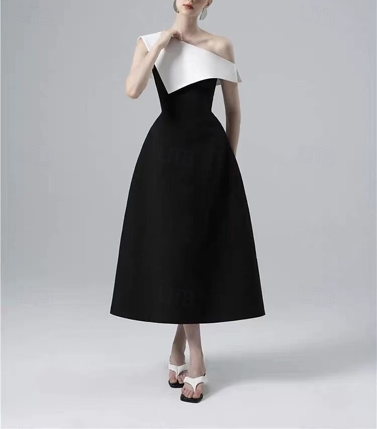 Robe de cocktail A-Line robe élégante retour à la maison cocktail party longueur thé sans manches une épaule poche mélange coton dos nu avec volants poche robes de 2025 ? $164.99 –P2