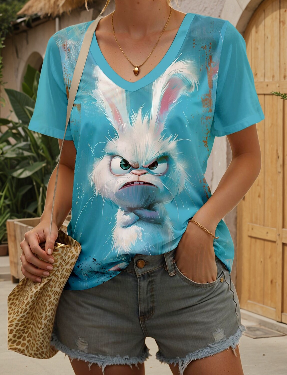 Pâques Femme T shirt Graphic Animal mode Décontractées Manche Courte Col V Hauts réguliers du quotidien Imprimer Bleu Eté Printemps de 2025 ? $19.99 –P1