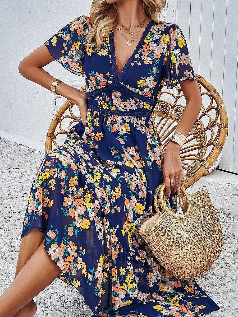 Damen Midi Kleid Korsett Kleid A-Linien Kleid Sommer Kleid Urlaub Urlaub Täglicher Regular Fit Floral Kurzarm V-Ausschnitt Rot Marineblau Grün Aprikose Sommer 2025 - $46.99 –P1