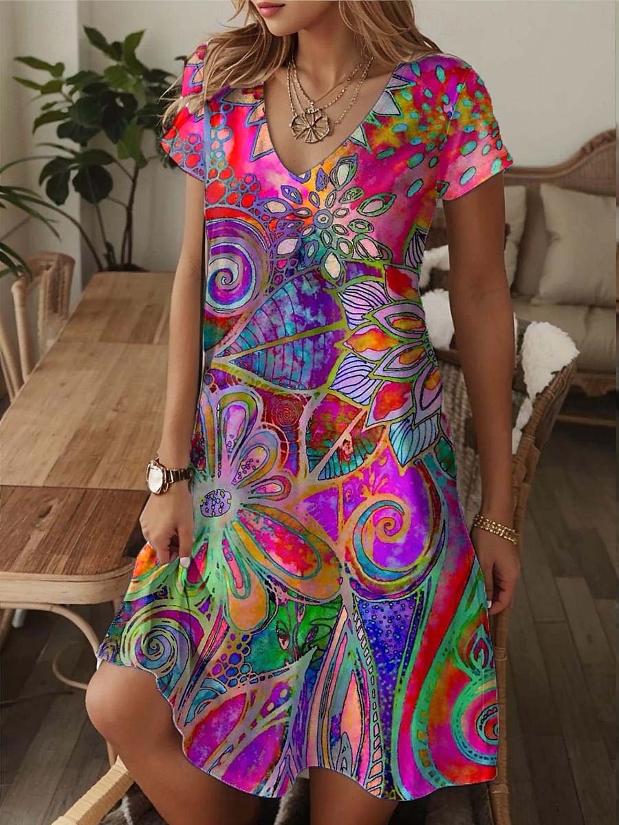 Damen Normal Minikleid Casual kleid Sommerkleid A Linie Kleid Elegant Urlaub Stilvoll Urlaub Täglich Regular Fit Blumen Graphic Abstrakt Kurzarm Rundhalsausschnitt Purpur Sommer 2025 - $23.99 –P1