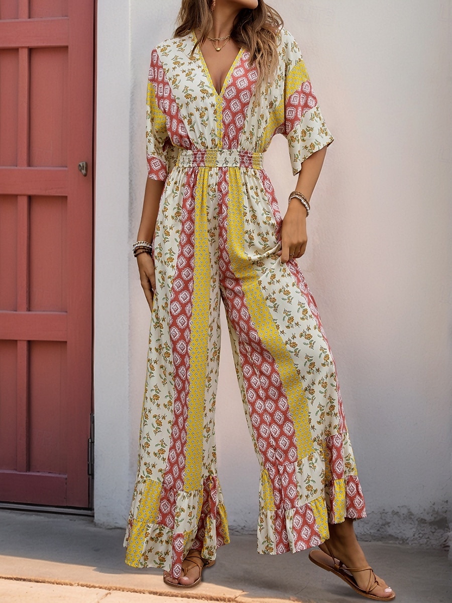 Damen Normal Jumpsuit Urlaub Blumen 3/4 Ärmel V Ausschnitt Hohe Taillenlinie Urlaub Täglich Regular Fit Gelb Sommer 2025 - $49.99 –P1