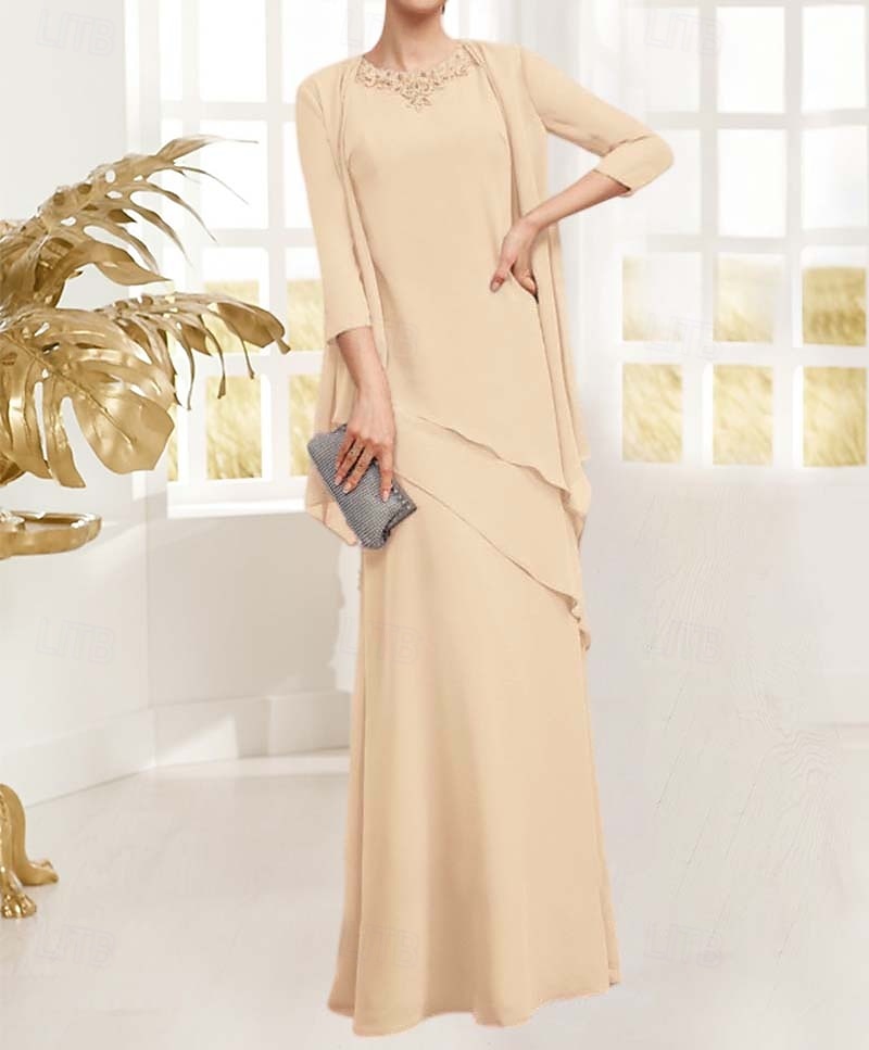 Zweiteiliges Kleid der Mutter der Braut Elegant Vintage Einfach Juwel-Ausschnitt Bodenlang Chiffon 3/4 Länge Ärmel Jackett Kleider mit Pailletten Beading Kaskadierende Rüschen 2025 - $203.99 –P9