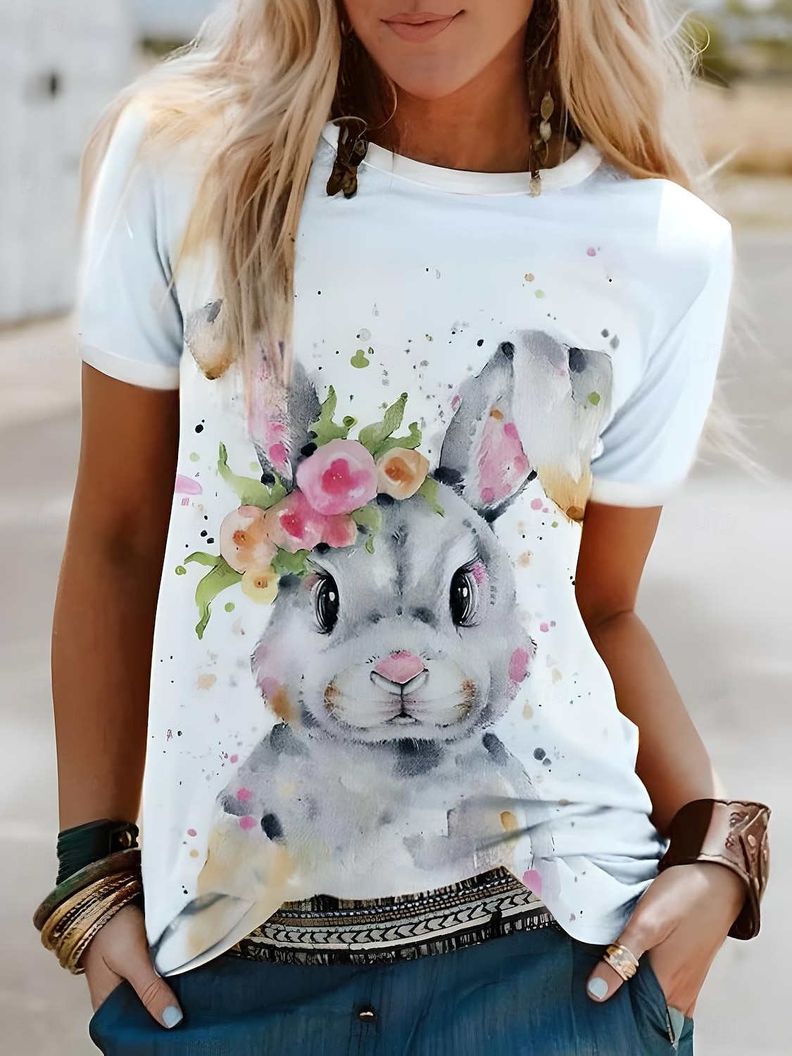 Páscoa Mulheres Camiseta Floral Animal Casual Manga Curta Decote Redondo Tops regulares Diário Imprimir Branco Verão de 2025 por $19.99 –P1
