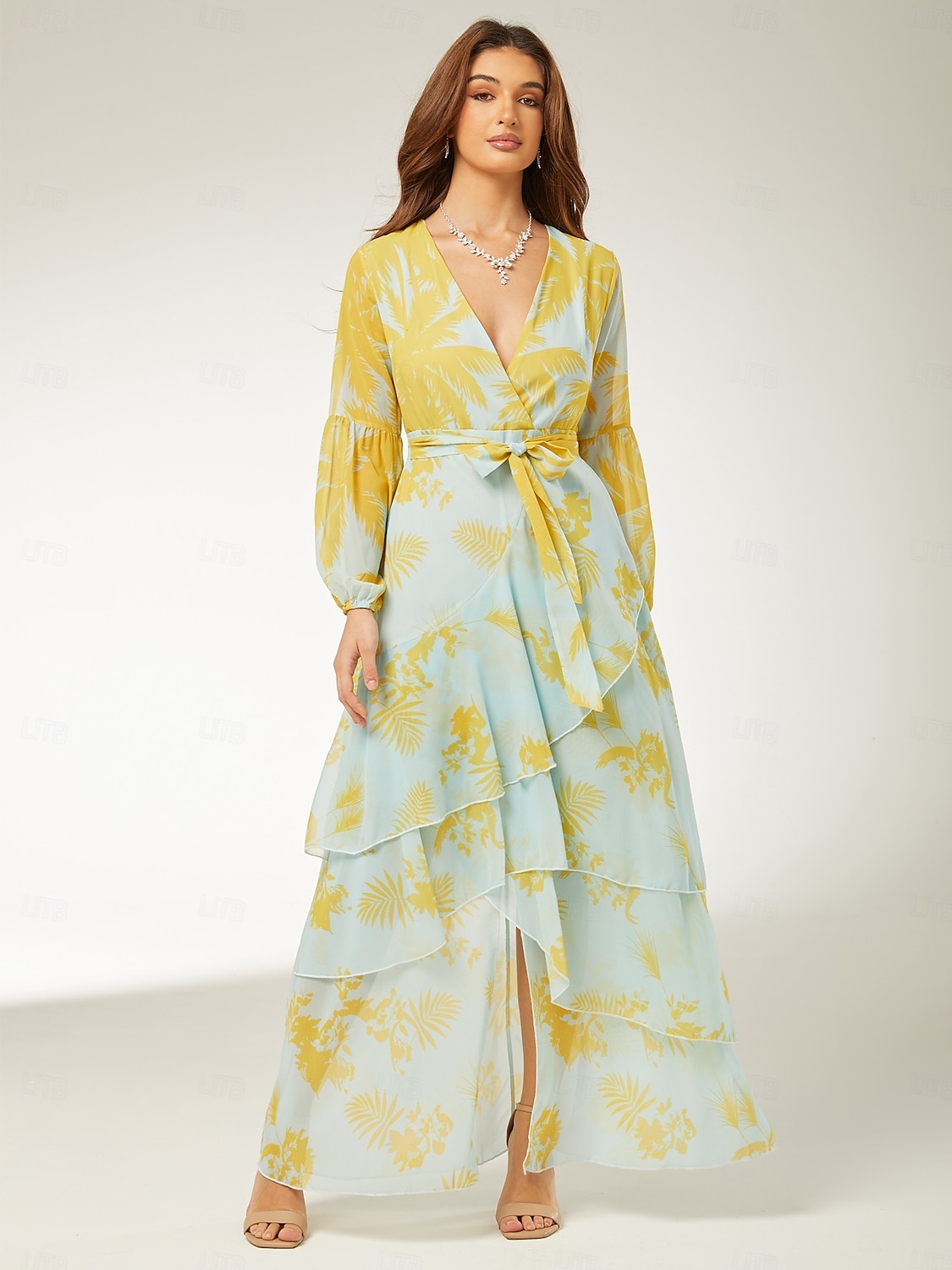 A-Linje Festkjoler Blomster Kjole Bryllups gjest Ferie Gulvlengde Lang Erme V Utenkropp Polyester med Mønster Stroppe Bryllups gjest Kjole 2025 2025 - $86.99 –P3