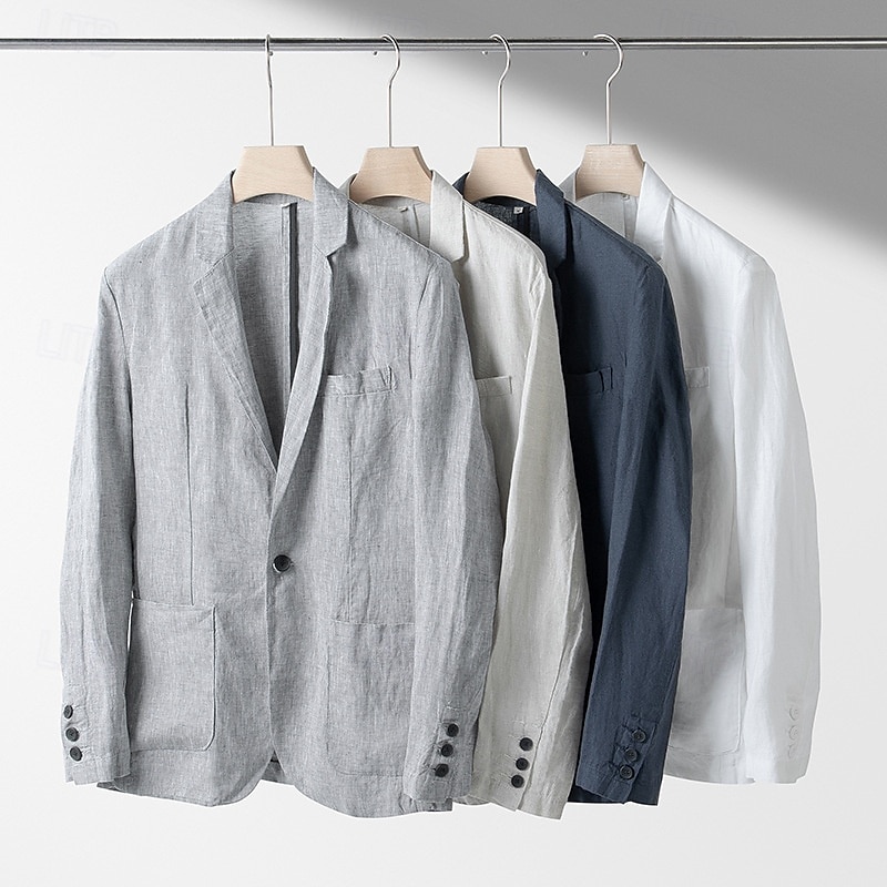 Men's 100% Linen Blazer Blazer Business Cocktail Party Wedding Party Fashion Casual Spring Autumn / Fall 100% Linen Plain Buttons Pocket Comfortable Single Breasted Blazer White Navy Blue khaki Gray 2025 - $102.99 –P1