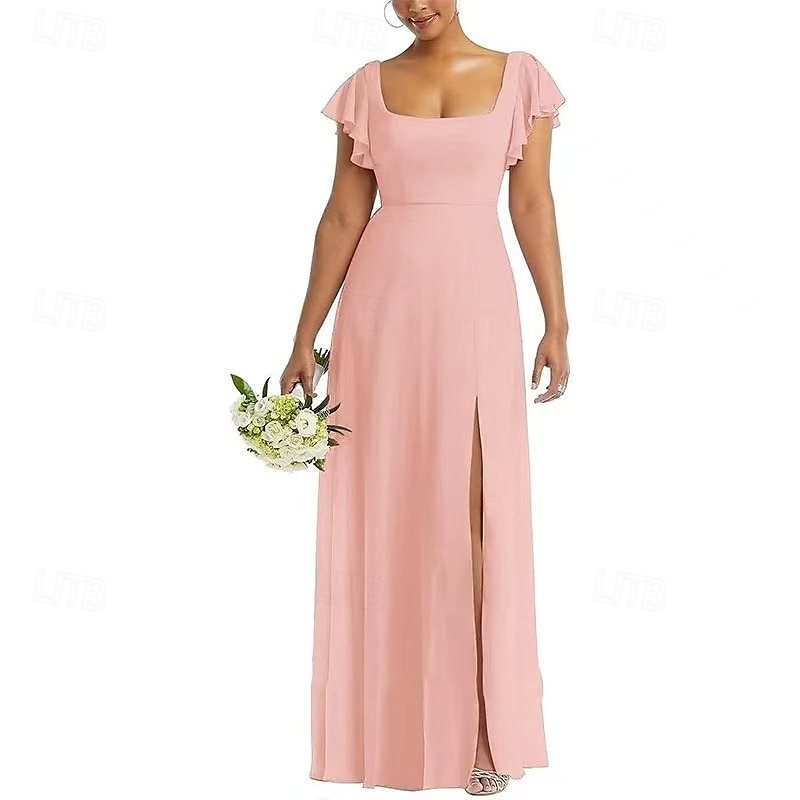Linha A Vestido de Madrinha Scoop pescoço Manga Curta Elegante Longo Chiffon / Elastano com Fru-Fru / Pregueado / Fenda Frontal 2022 de 2025 por $155.99 –P6