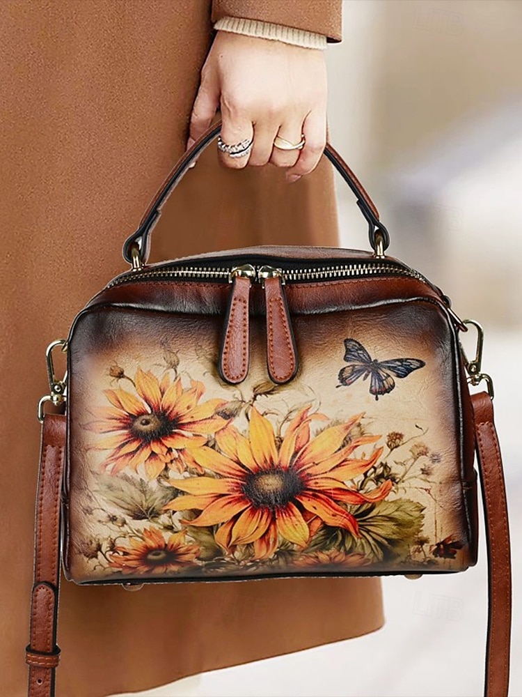 torebka ze skóry vintage z nadrukiem słonecznika i motyla – stylowa torebka typu crossbody dla kobiet, idealna na co dzień i na wyjścia na zewnątrz czerwony brązowy zielony 2025 - $64.99 –P1