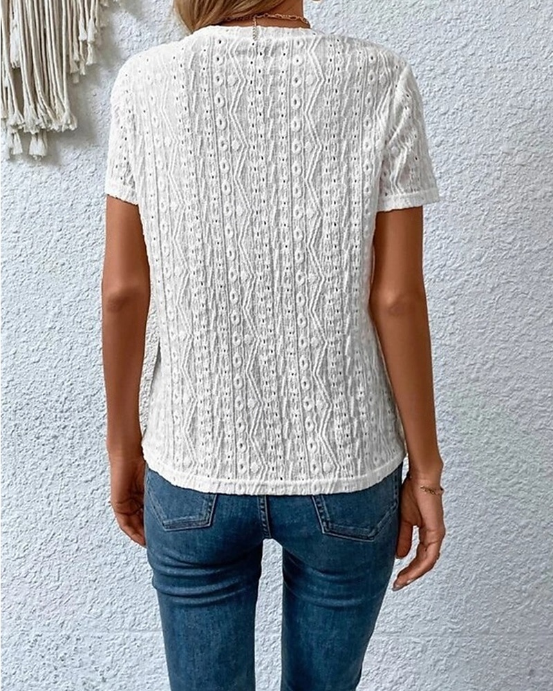 Жен. Блуза Ушко сверху Кружевные топы Полотняное плетение Повседневные Стиль Классический С короткими рукавами Вырез под горло Обычные топы Офис Повседневные Праздники С отверстиями 2025 - $21.99 –P4