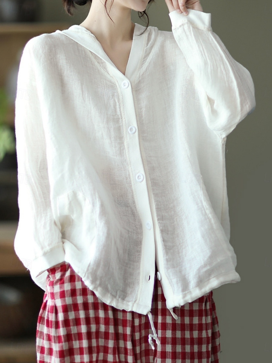 Women's Shirt Cotton Linen Shirts Button Up Blouse Solid Color Basic Casual Long Sleeve Hooded Regular Tops Daily Buttons White Red Blue Beige Summer 2025 - $25.99 –P6