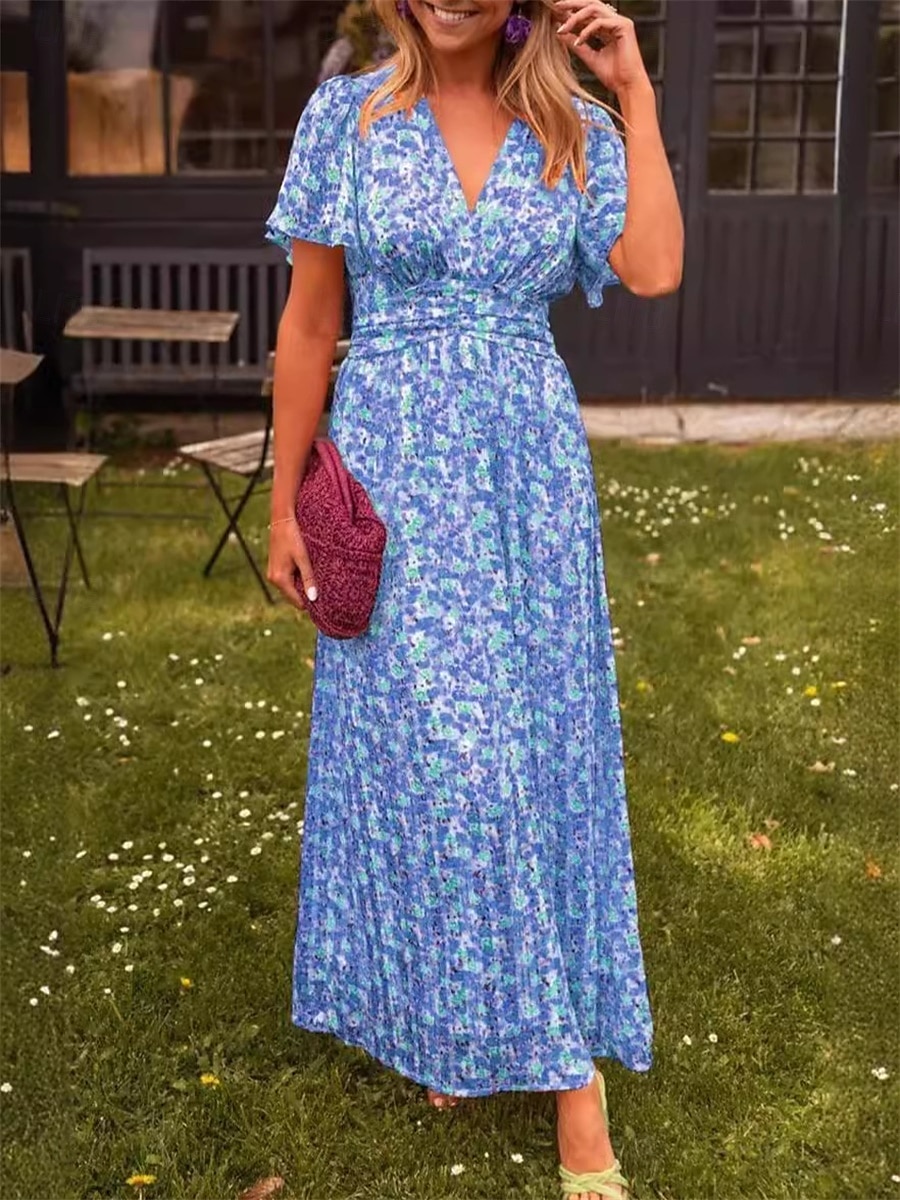 Dam Maxiklänning A linjeklänning Blommig klänning Stylish Ledigt Semester Ledigt Dagligen Normal Blommig Kortärmad V-hals Rodnande Rosa Blå Orange Grön Sommar Vår 2025 - $36.99 –P6