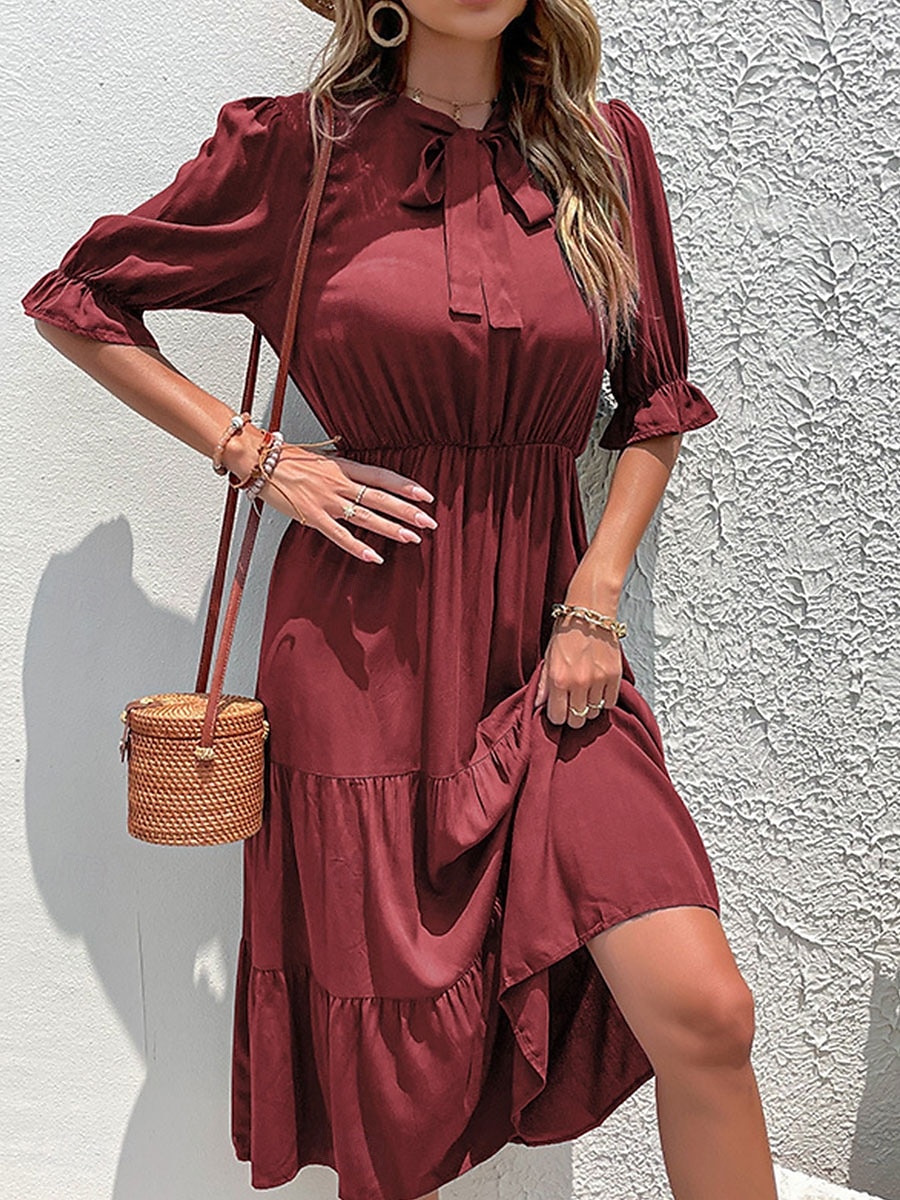 Damen kleid lang Maxidress A Linie Kleid Basic Brautkleider schlicht Urlaub Arbeit Casual Regular Fit Glatt Halbe Ärmel Rundhalsausschnitt Schwarz Burgunderrot Grün Sommer Frühling Herbst 2025 - $30.99 –P7