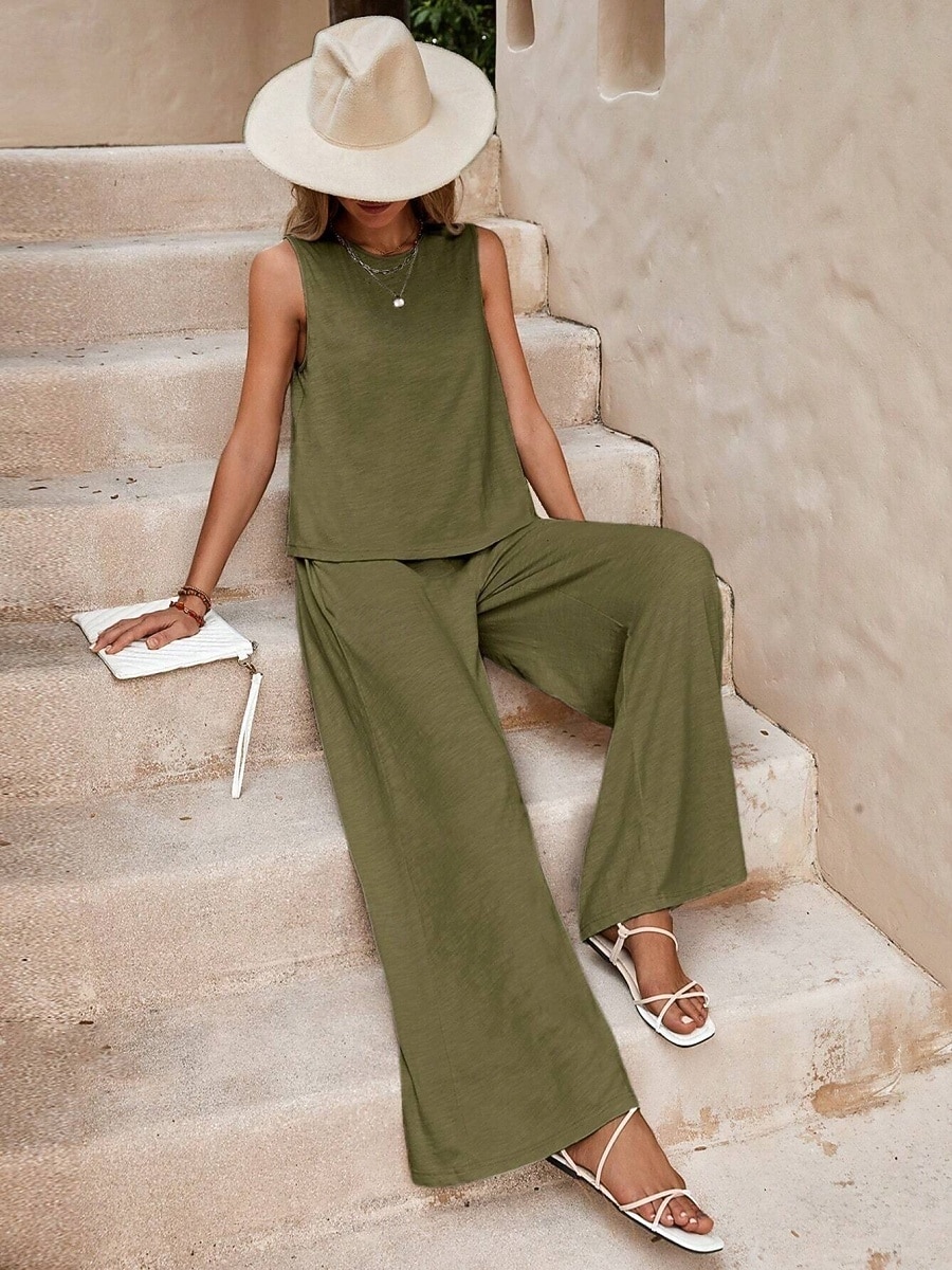 Women's Shirt Linen-feel Set Two Piece Sets Wide Leg Pants Sleeveless Crew Neck Plain Fashion Streetwear Daily Casual Daily Black Yellow Army Green Summer Regular Fit 2026 - $10.49 –P15