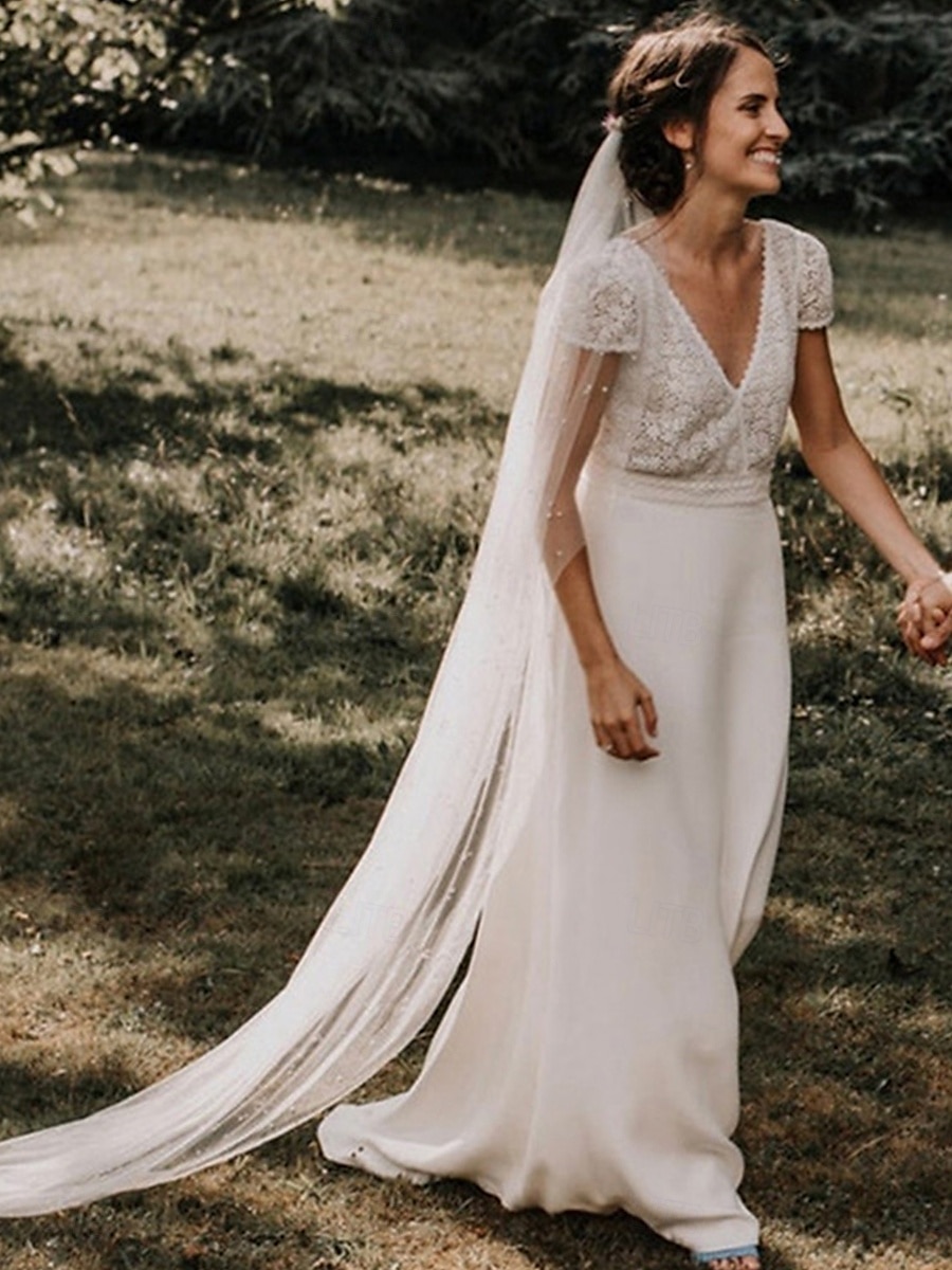 Robe de Mariée Ball Gown Col en V Bretelles Classiques Traîne de Chapelle Robes de Mariée en Chiffon avec Plis Ruchés de 2025 ? $142.99 –P1