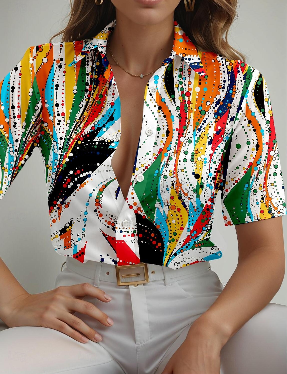 Dames Overhemd Grafisch Geometrisch Dagelijks Korte mouw Overhemdkraag Normale tops Dagelijks Regenboog Zomer Lente 2025 - $24.99 –P1