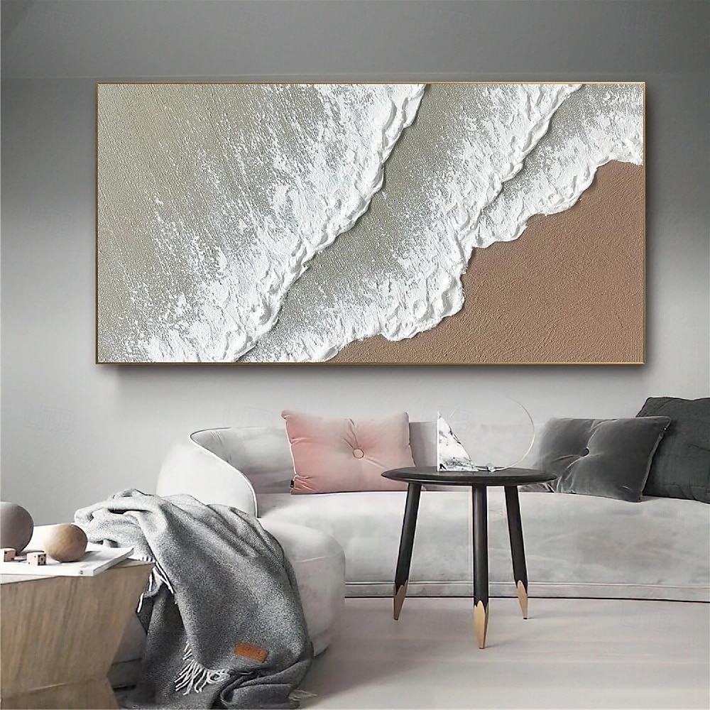peinture à l'huile sur toile faite à la main représentant des vagues de l'océan, peinture abstraite de plage peinte à la main, art mural blanc, peinture texturée 3D marron, peinture de plage marron, de 2025 ? $75.99 –P5