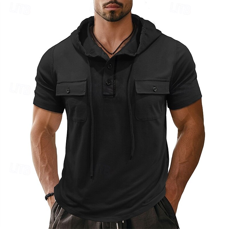 Men's T Shirt Henley Shirt Tee Short Sleeve Shirt Short Sleeve Hooded Henley Summer Spring Color Block Fashion Designer Basic Drawstring Vacation Street Going out Black Khaki Light Grey Top Tee for 2025 - $26.99 –P13
